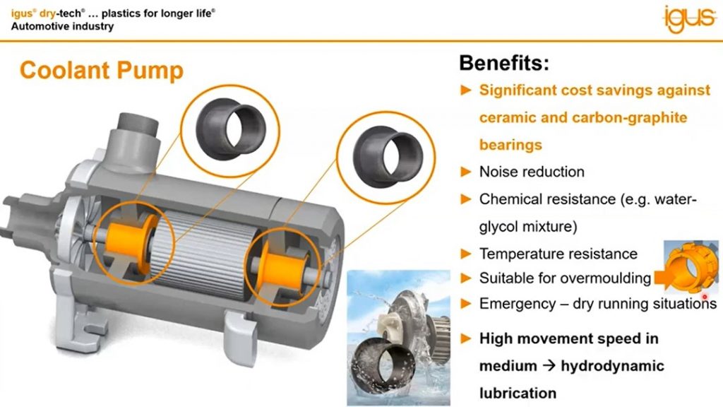 Coolant pump and benefits of using plastic bearings