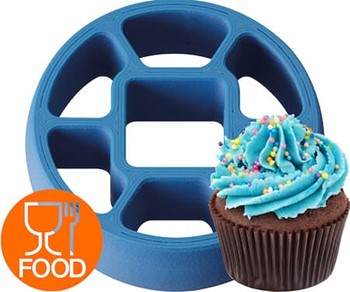 3d printed food safe component in blue and cupcake