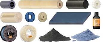 Custom manufacturing material options including SLS powder, DLP resin and bar stock