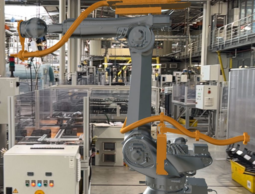 augmented reality with a six-axis robot in a factory background