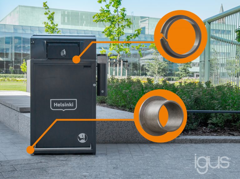 solar-powered garbage bin with plain plastic bearings and clips
