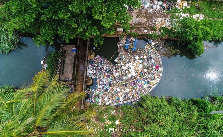plastic waste in a river