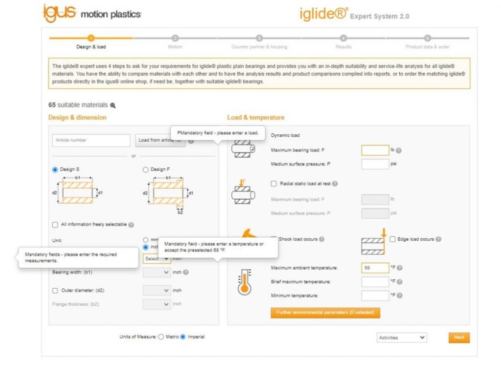 iglide expert system, calculation of service lifetime and bearing material type, online tool