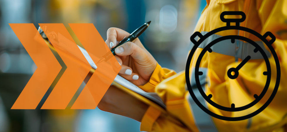 factory worker with clipboard and image of timer