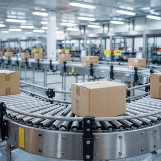 production line with boxes on rollers