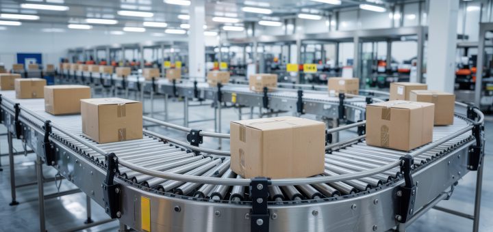 production line with boxes on rollers