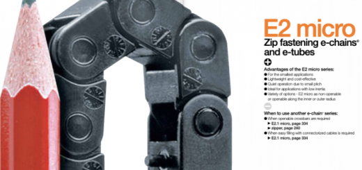 E2 micro catalogue cover with pencil tip next to a small cable carrier