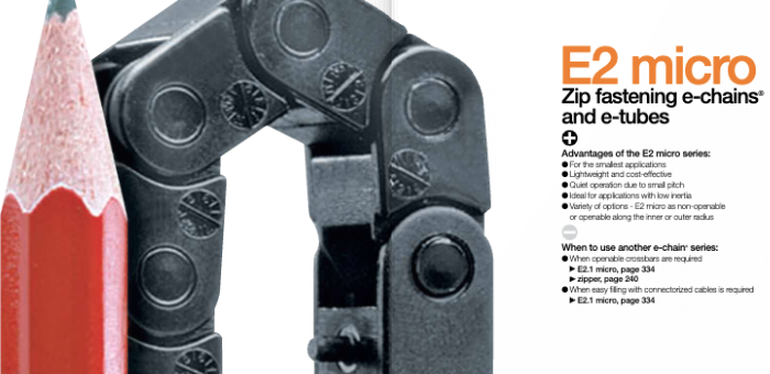 E2 micro catalogue cover with pencil tip next to a small cable carrier