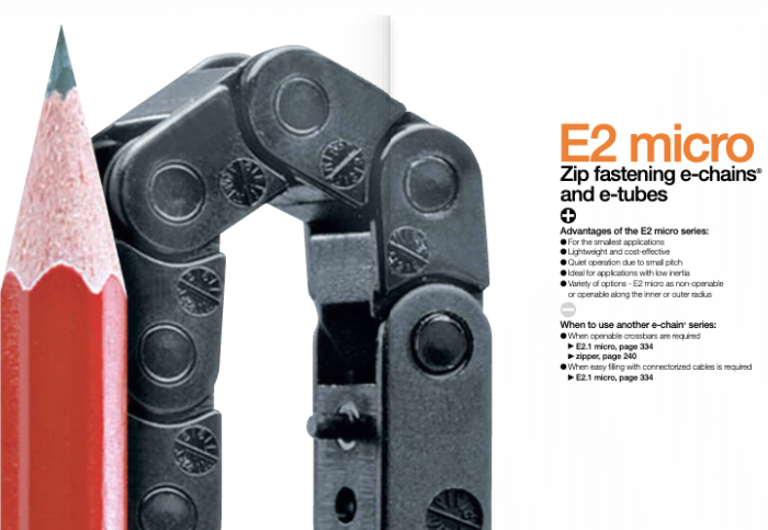 E2 micro catalogue cover with pencil tip next to a small cable carrier
