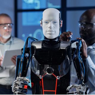 humanoid robot and two people