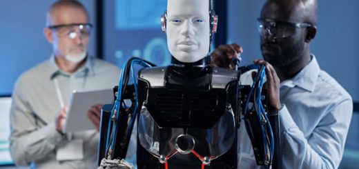 humanoid robot and two people