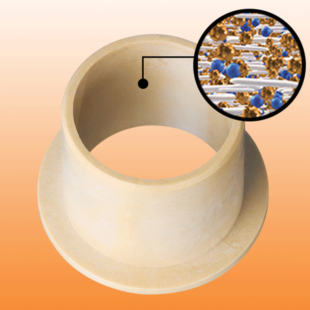 plastic bearing with cutout showing solid lubricants, base polymers, and reinforcing fibers