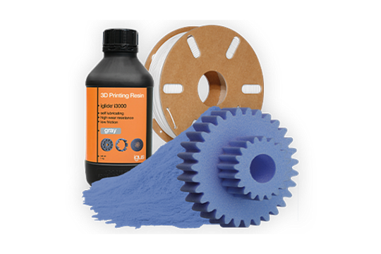 3D printing materials: DLP resin, FDM filament, SLS powder and gear in blue