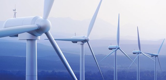 several wind turbines in a row