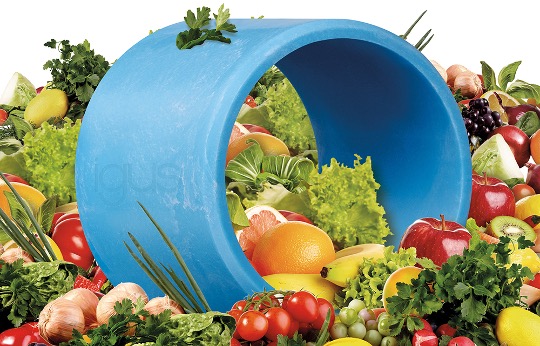 plastic bearing that is blue surrounded by fruits and vegetables