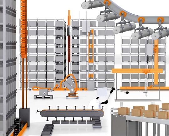 A render highlighting parts of a factory that have automated material handling in place