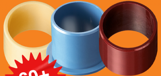 three plastic bearings with a red sticker with "60+ materials" written on it