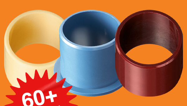 three plastic bearings with a red sticker with "60+ materials" written on it