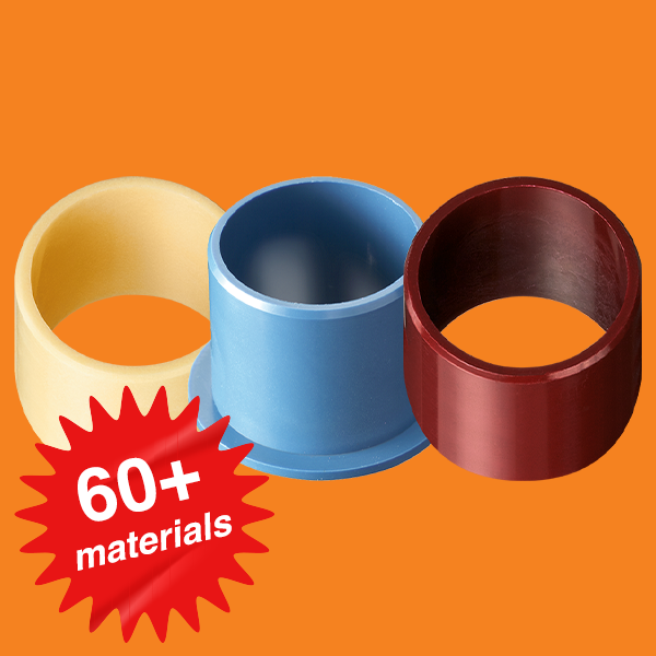 three plastic bearings with a red sticker with "60+ materials" written on it