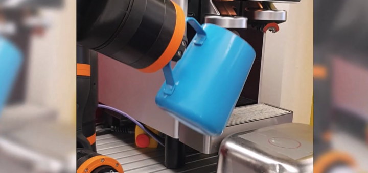 ReBeL cobot receiving coffee from dispenser into a cup it's holding