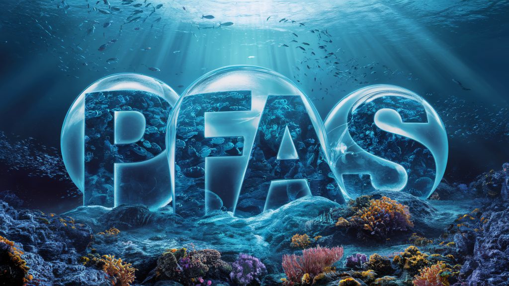 PFAS written in bubbles at the ocean floor in water