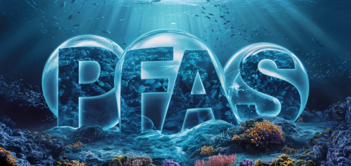 PFAS written in bubbles in the ocean