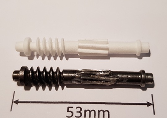 Comparison of metallic screw (old) and 3D-printed plastic screw made of iglide I6 (new)