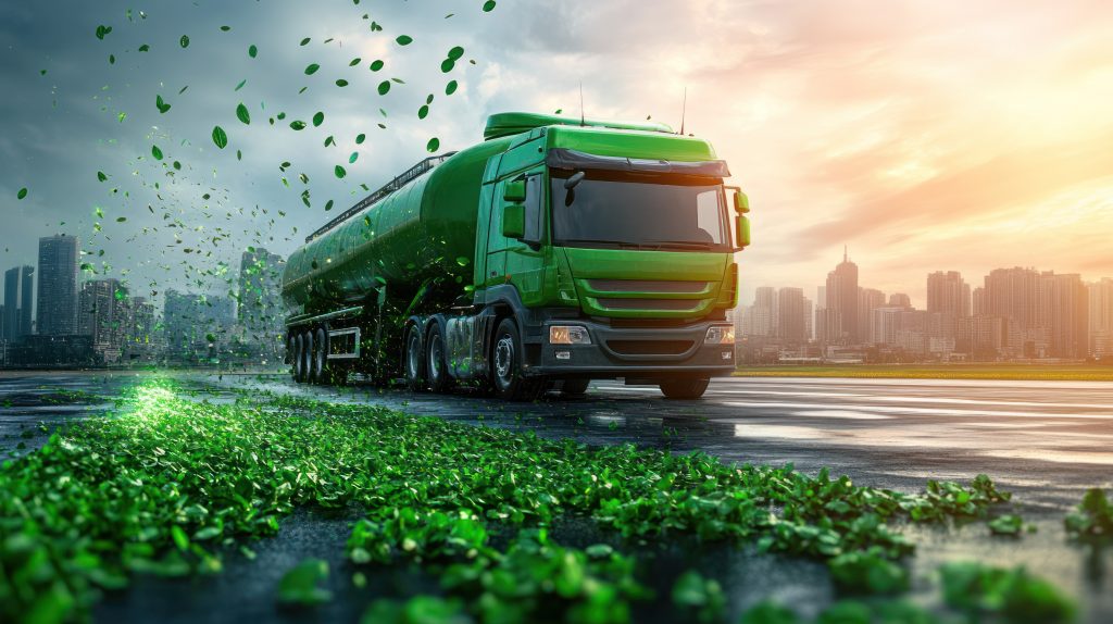 A green tanker truck drives on a city road, surrounded by leaves, symbolizing eco-friendly transportation.