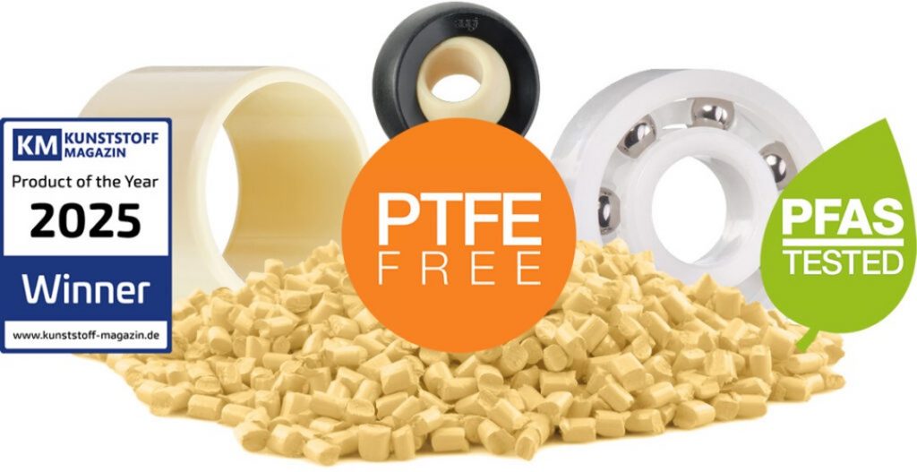 plastic bearing, rod end, plastic ball bearing, with injection molding granules with PTFE free and PFAS tested logos