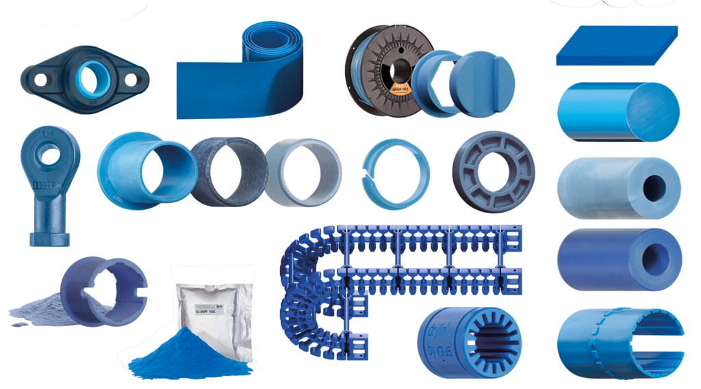 assortment of fda-compliant and blue products from igus