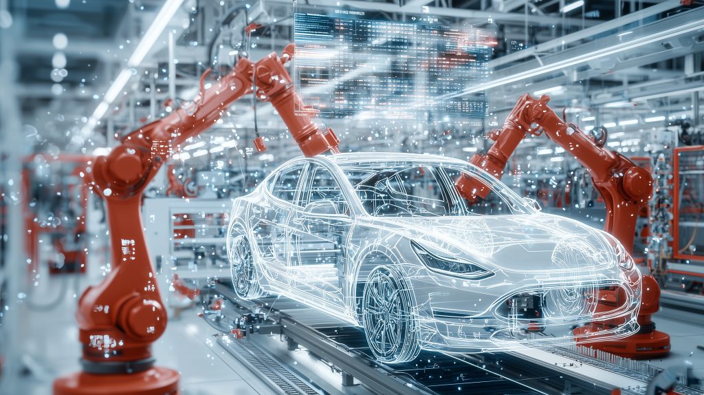 robots with diagram of car on production line