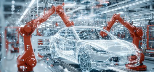 robots on car production line, car an outline and not a real car