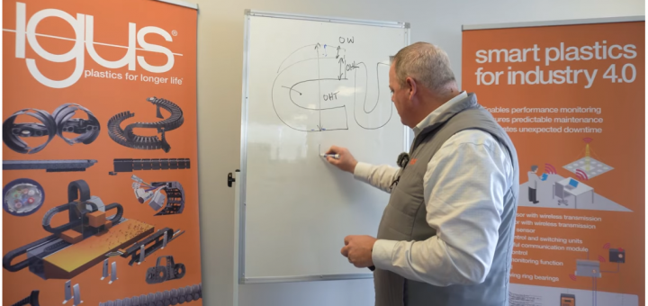 person at whiteboard writing about different cable carrier measurements for replacing e-chains