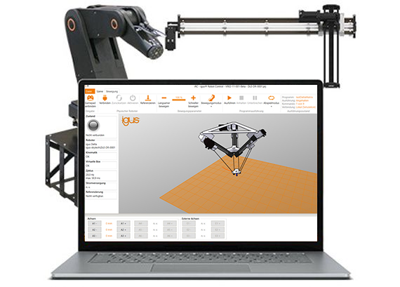 igus robot control program with delta robot, robotic arm, and gantry pictured