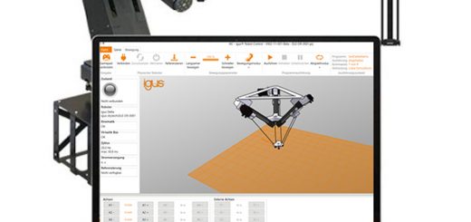 robotic arm, gantry, delta robot pictured with laptop robot control program