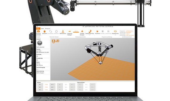 robotic arm, gantry, delta robot pictured with laptop robot control program