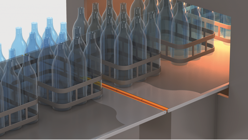 A render of the transition point between two conveyor belts, highlighting the low-radius rollers being used
