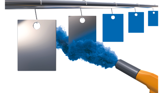 graphic depicting metal plates being covered with blue coating powder