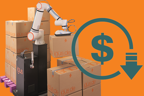 palletizing robot with decreased cost system sign next to it