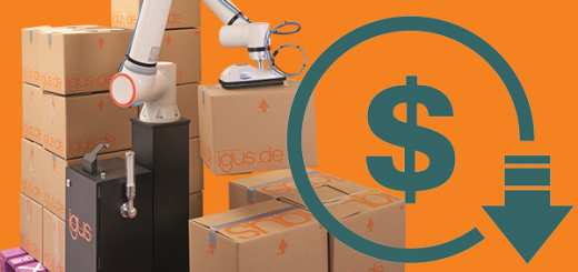 Palletizing robot with decreased cost system sign next to it