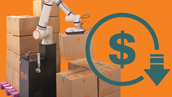 Palletizing robot with decreased cost system sign next to it