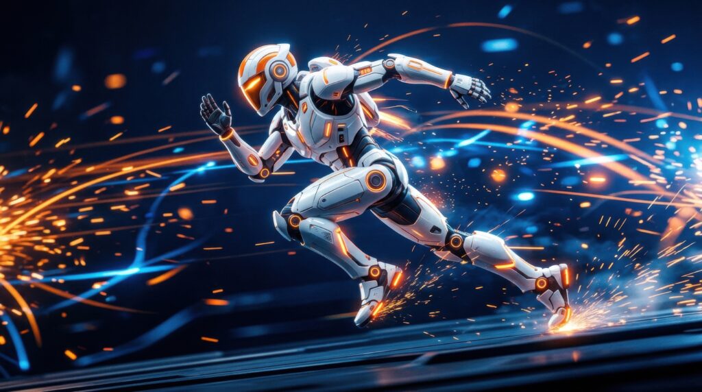robot running with sparks all around it