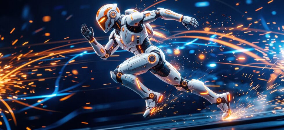 robot running with sparks all around it